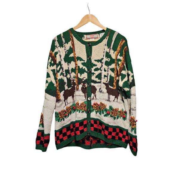 RARE Vintage Cardigan Bay Forest Woods Stag Deer Button Front‎ XL Hand Knitted - Picture 2 of 6